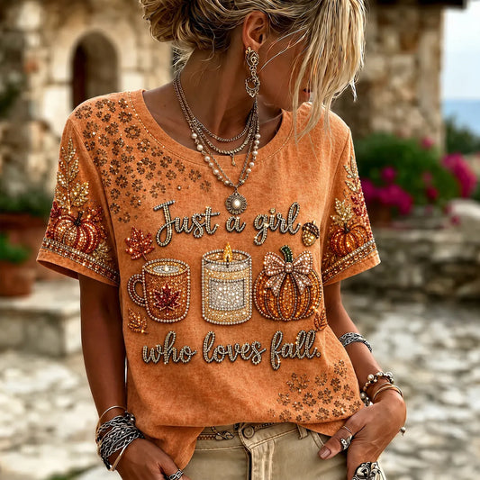 Women's Autumn Pumpkin Art Print Short Sleeve Casual T-shirt