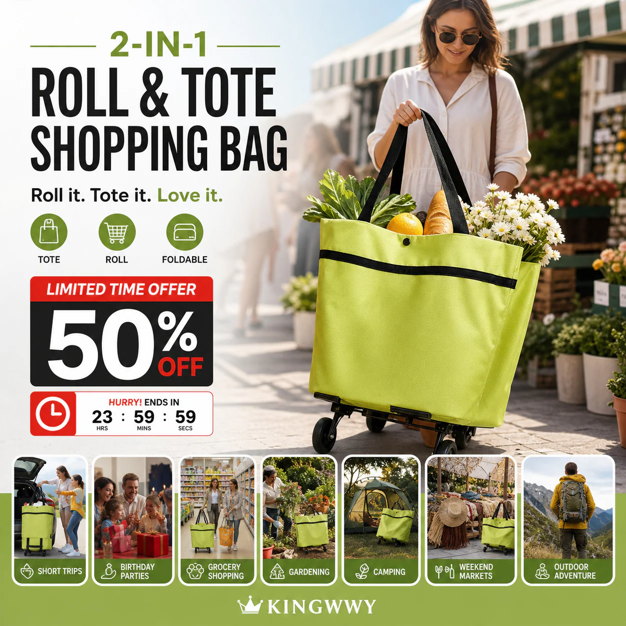 🛒 2-in-1 Foldable Shopping Trolley Bag