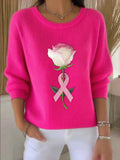 Women's autumn and winter basic breast cancer embroidered floral print long-sleeved knitted top