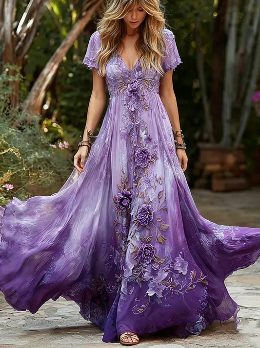 Women's Retro Purple Rose Gradient Pattern Casual V-neck Dress