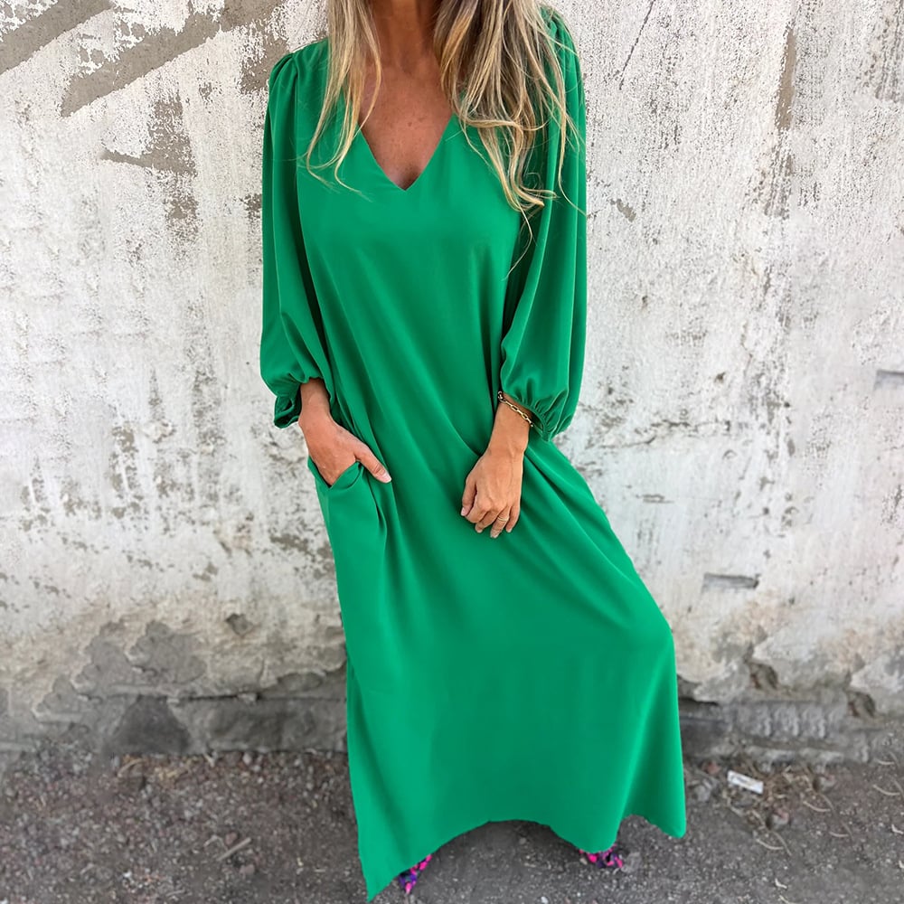 🔥Hot Sale 50% OFF🔥V-neck Solid Color Lantern Sleeve Dress