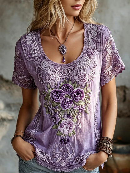 Women's Vintage Purple Rose Embroidery Art Crew Neck Short Sleeve T-shirt