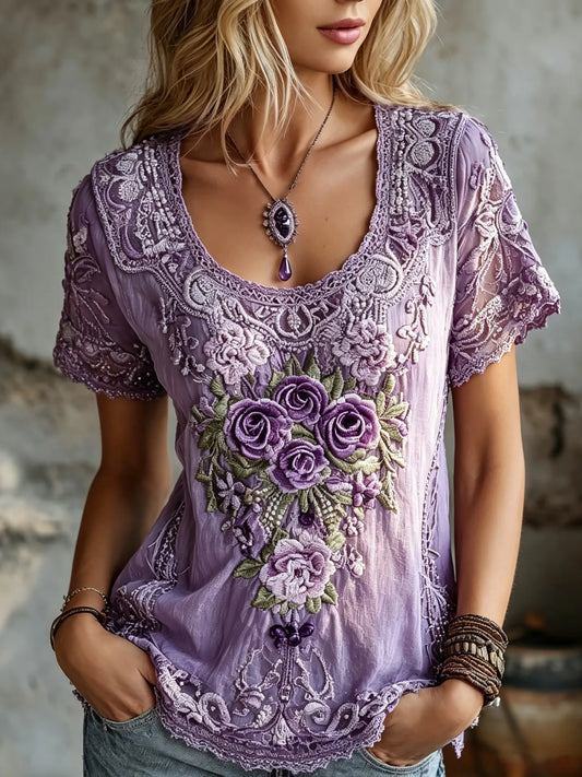 Women's Vintage Purple Rose Embroidery Art Crew Neck Short Sleeve T-shirt
