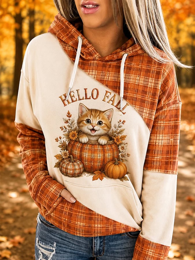 Women'S Autumn Cute Cat Pumpkin Plaid Print Casual Hoodie