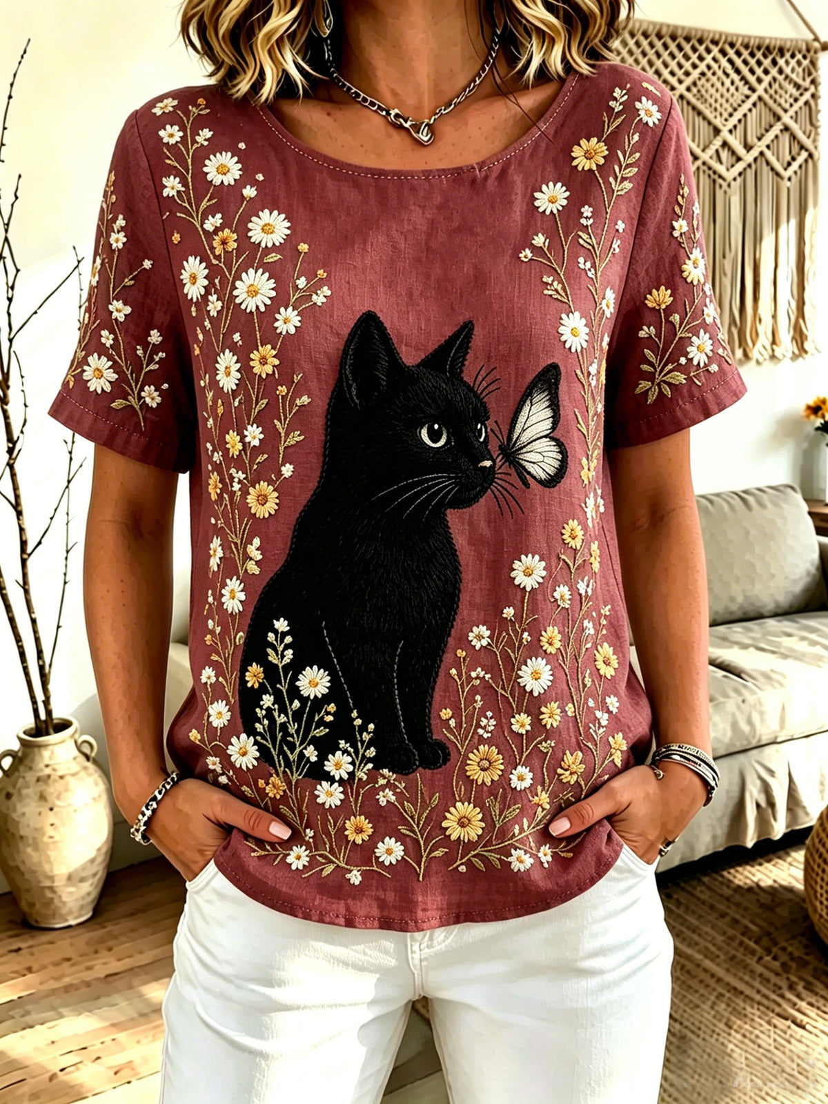 Women's Fun Cat-Print Crew-Neck Top