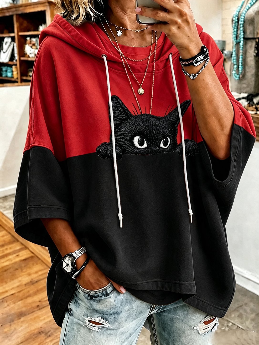Women's Halloween Mysterious Black Cat Print Hoodie
