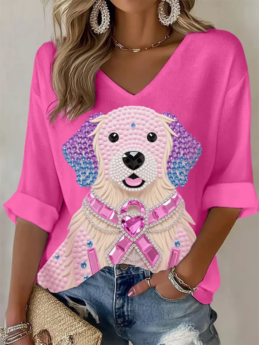 Women's Retro Pink Ribbon Animals Print T-Shirt