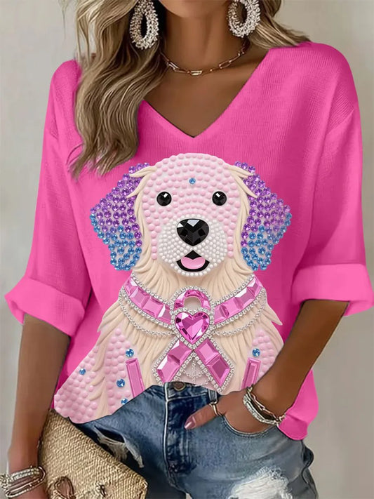 Women's Retro Pink Ribbon Animals Print T-Shirt