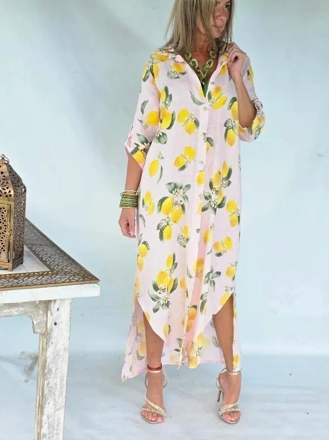 Lemon Print Boho Linen Kaftan Dress
