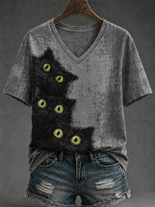 Women's Retro Black Cat Print V-Neck Top