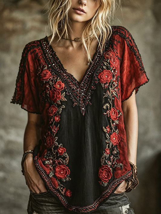 Women's Retro Rose Embroidery Gradient Pattern Casual Halloween T-shirt