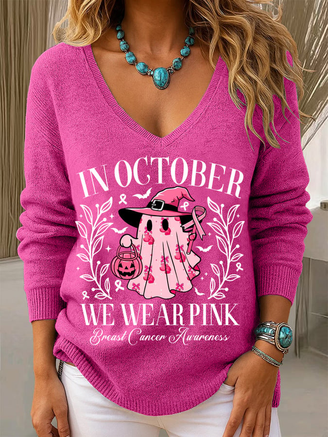 Women's Breast Cancer Awareness In October We Wear Pink Print Long Sleeve Knit Top