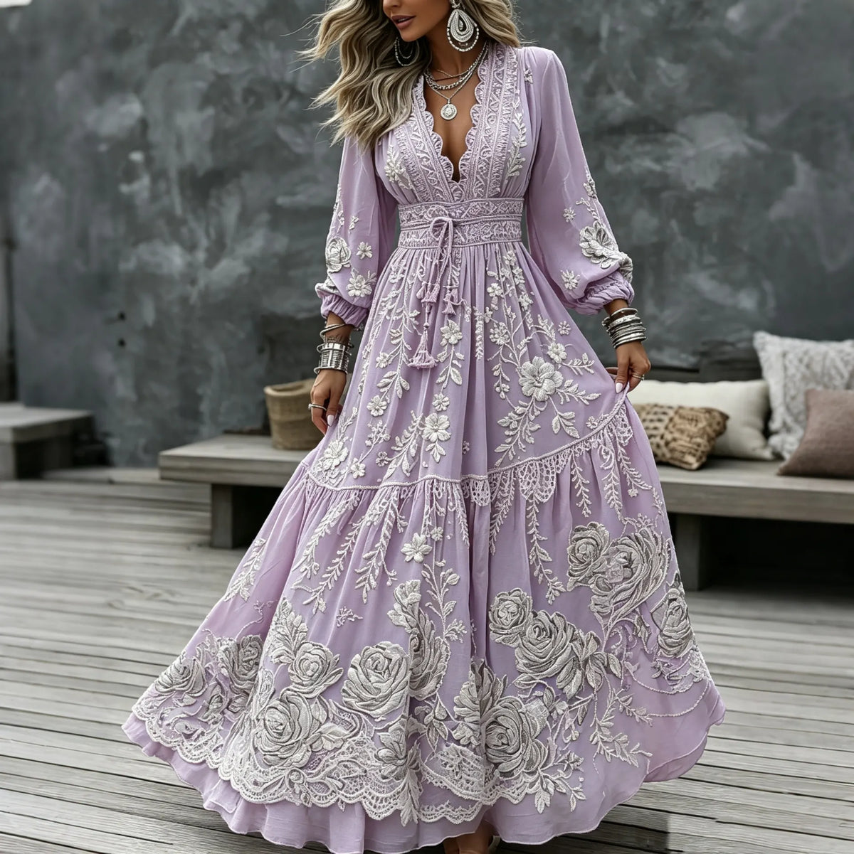Women's Retro Tribal Floral Art Casual V Neck Long Sleeve Maxi Dress