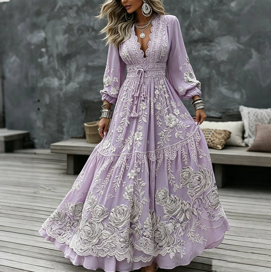 Women's Retro Tribal Floral Art Casual V Neck Long Sleeve Maxi Dress
