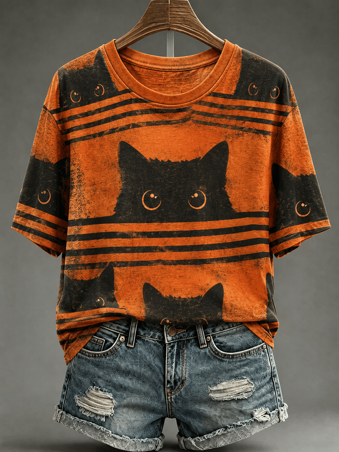Women's Retro Peeking Black Cat Print Crew Neck Top