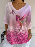 Women's Casual Hummingbird Breast Cancer Meaning Bubble Wrinkle Top