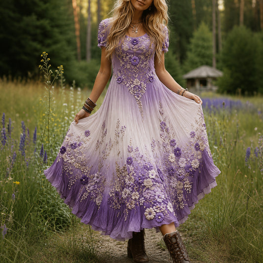 Women's Purple Floral Gradient Print Fresh Round Neck Dress