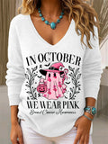 Women's Breast Cancer Awareness In October We Wear Pink Print Long Sleeve Knit Top