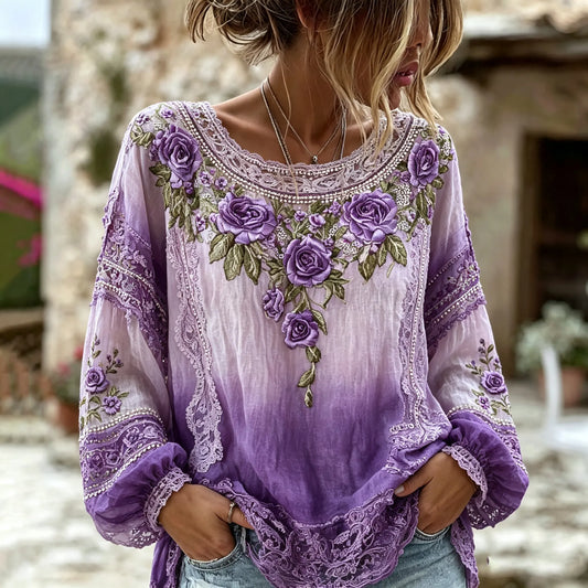 Women's Retro Purple Rose Embroidery Art Crew Neck Long Sleeve T-shirt