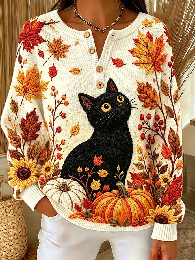 Women's Casual Print Button-Up Collar Knit Top