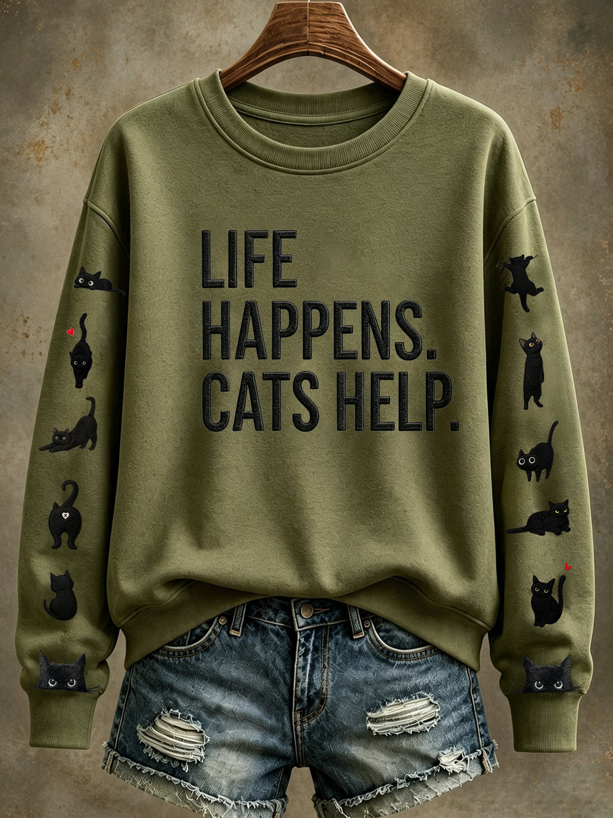 Women's Healing Cat Crew Neck Long Sleeve Sweatshirt