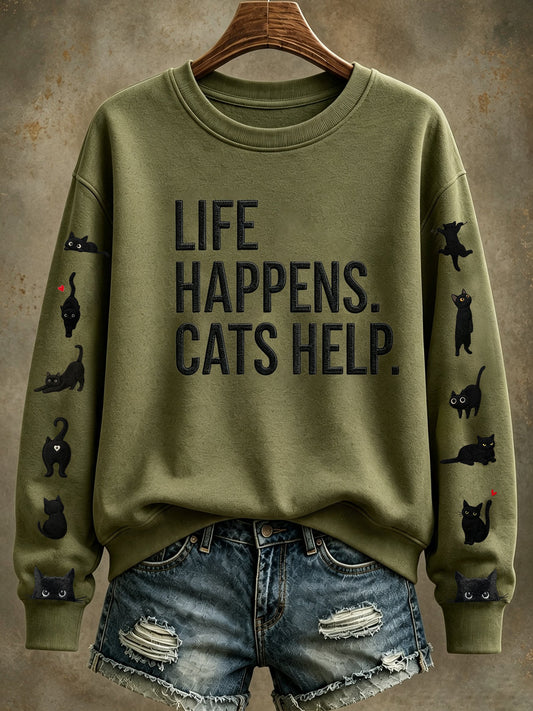 Women's Healing Cat Crew Neck Long Sleeve Sweatshirt