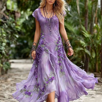 Women's Vintage Floral Embroidery Gradient Pattern Round Neck Dress