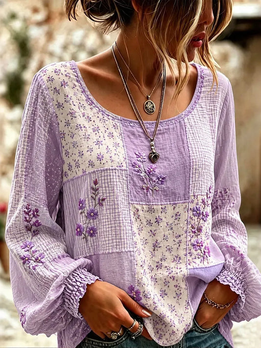 Women's Bohemian Purple Floral Patchwork Art Flowy Long Sleeve Linen T-shirt
