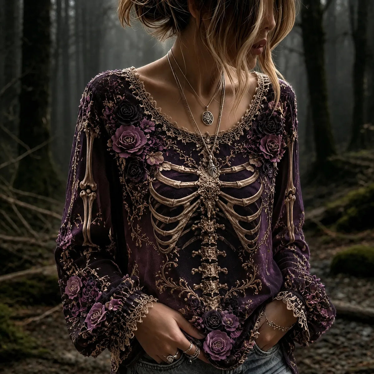 Women's Vintage Halloween Rose And Human Skeleton Art Graphic Long Sleeve T-shirt