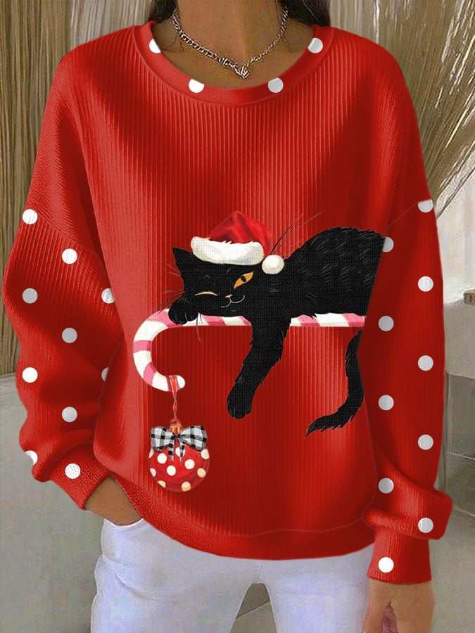 Women's Christmas Cat Print Knit Crew Neck Long Sleeve Top
