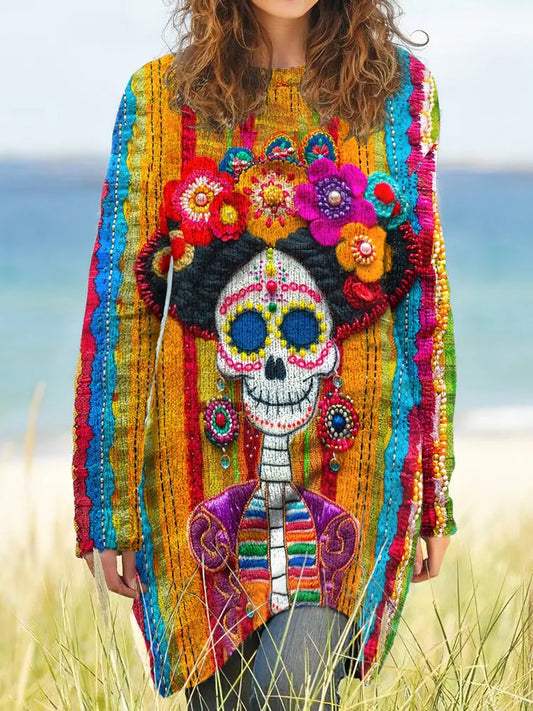 Vintage Mexican Sugar Skeleton Catrina Day Of The Dead Inspired Pattern Long-Sleeve Wool Midi Dress