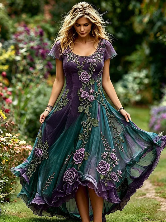 Women's Vintage Purple Rose Embroidery Pattern Linen Blend Casual Maxi Dress