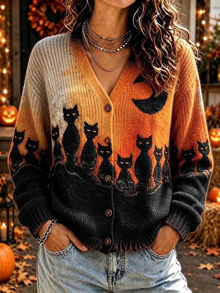 Women's Halloween Black Cat Gradient Knit Cardigan