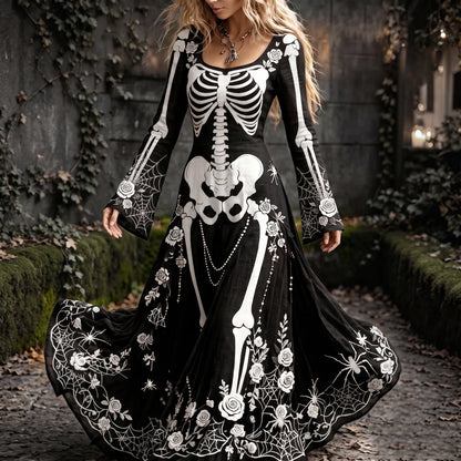 Women's Retro Gothic Spider Skull Floral Pattern Mixi Halloween Dress