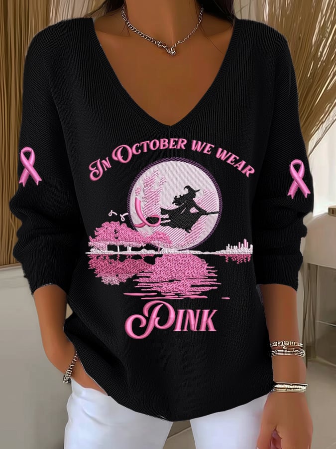 Women's In October We Wear Pink Embroidered Print Casual Striped Fabric Long Sleeve T-shirt