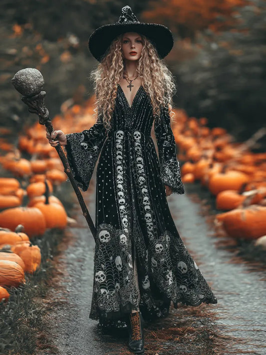 Women's Classic Skull And Spider Web Halloween Art Comfy Velvet Maxi Dress