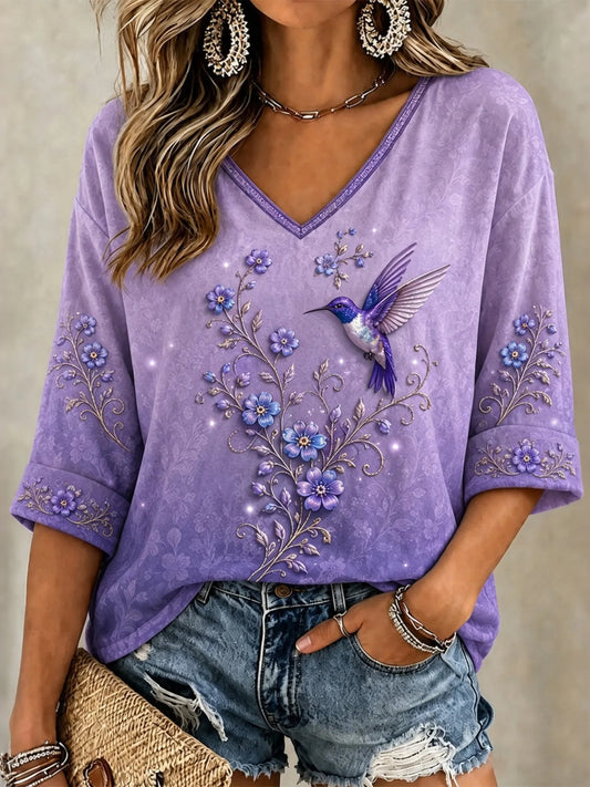 Women's Retro Floral And Hummingbird Pattern Linen Blend Casual V-neck Three-quarter Sleeve T-shirt