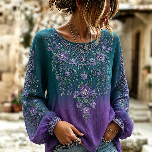 Women's Retro Floral Gradient Cotton Linen V-neck Long-sleeve Cotton Linen T-shirt
