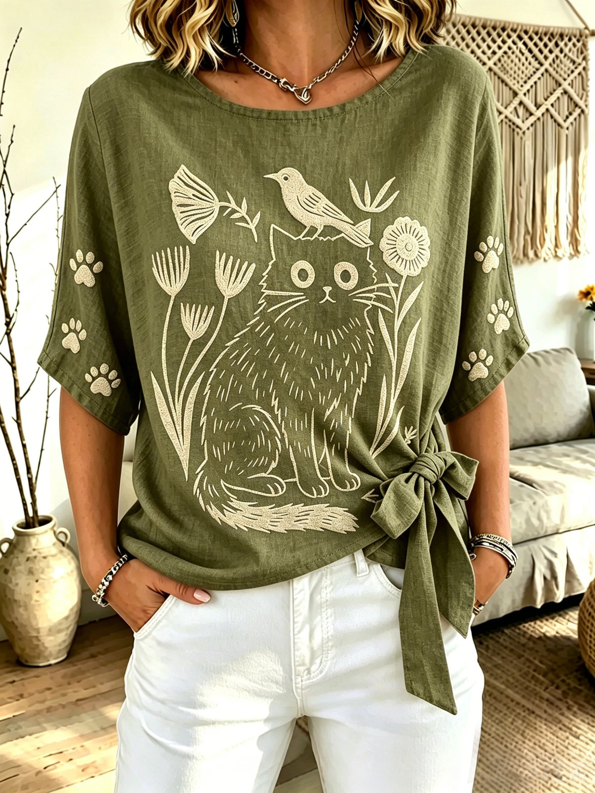 Women's Cat-Print Crew-Neck Tie-Front Top