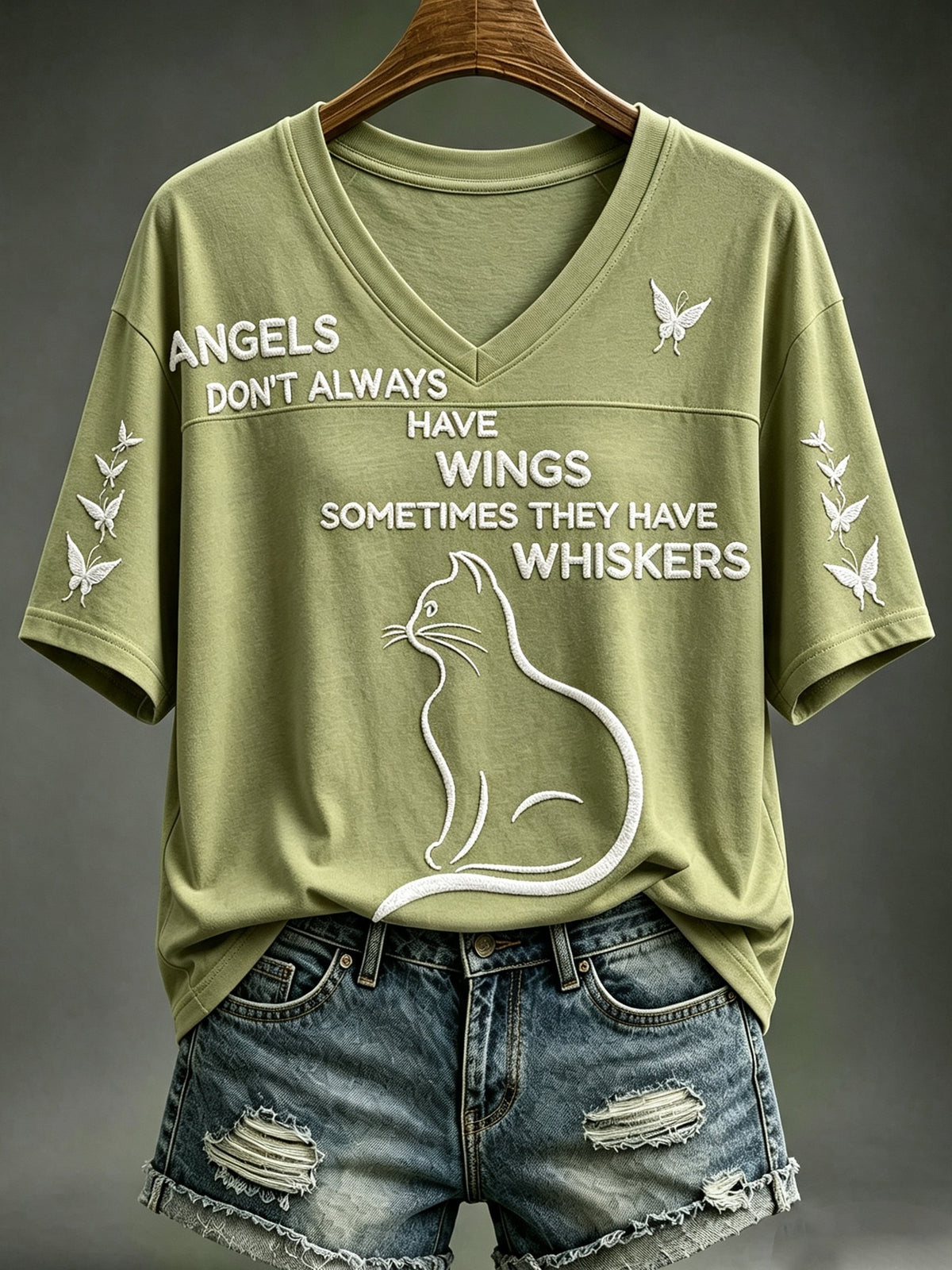 Women's Cat Whiskers Angel Print V-neck Top