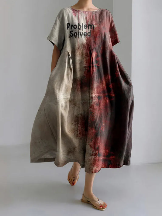 Vintage Bloody Problem Solved Halloween Print Loose Short Sleeved Midi Dress