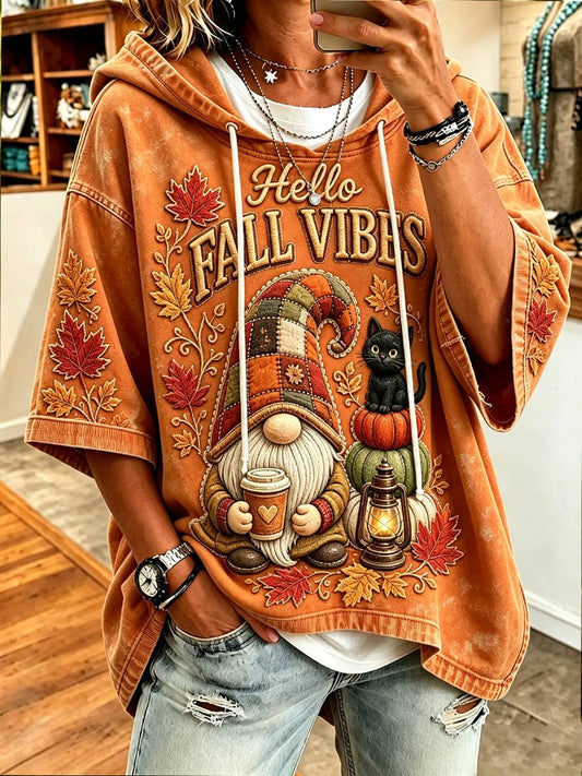 Women's "Hello Fall" Maple Leaf Gnome Vintage Hoodie