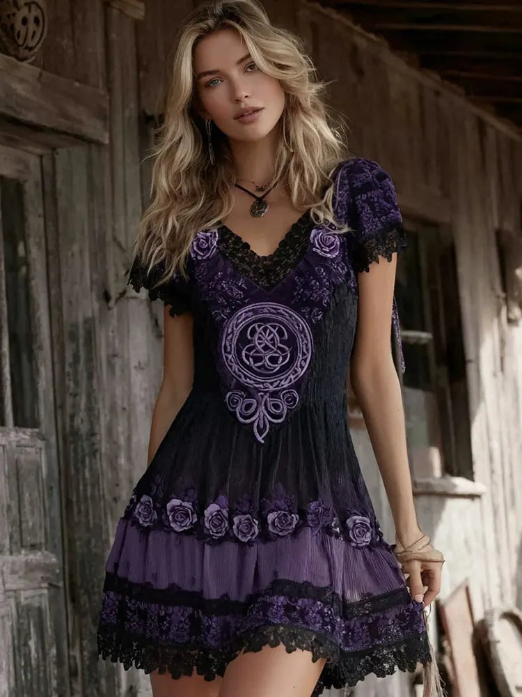 Women's Vintage Viking Celtic Knot And Rose Patchwork V-neck Dress