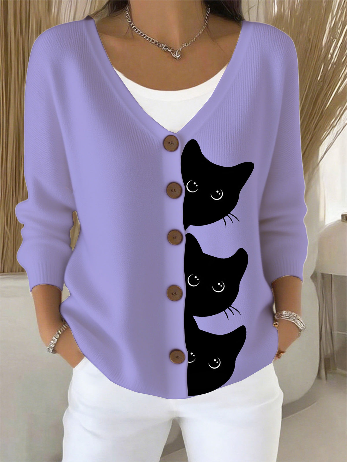 Women's Halloween Fun Black Cat Print Cardigan Sweater
