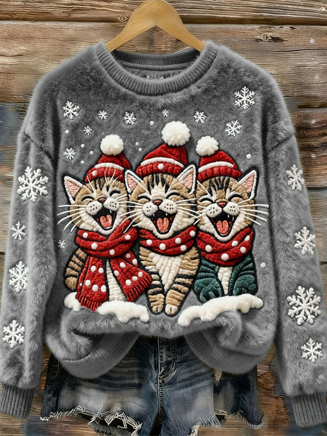 Women's Casual Christmas Cute Cat Print Long Sleeve Sweatshirt