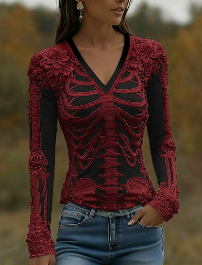 Women's Halloween Skeleton Bones With Roses Art Casual Long Sleeve V Neck T-shirt
