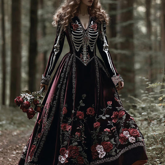 Vintage Skeleton Bones With Roses Flowy Velvet  Maxi Dress