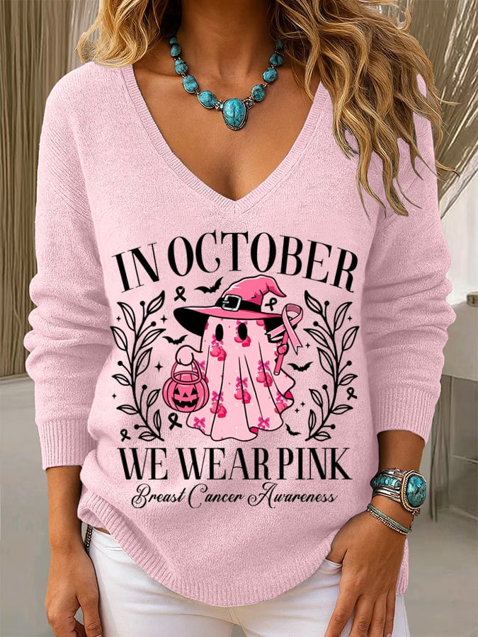 Women's Breast Cancer Awareness In October We Wear Pink Print Long Sleeve Knit Top