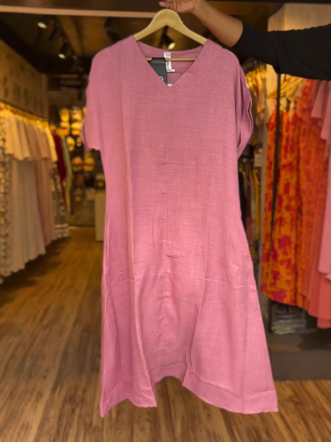 Solid Color Linen Dress With Two Pockets