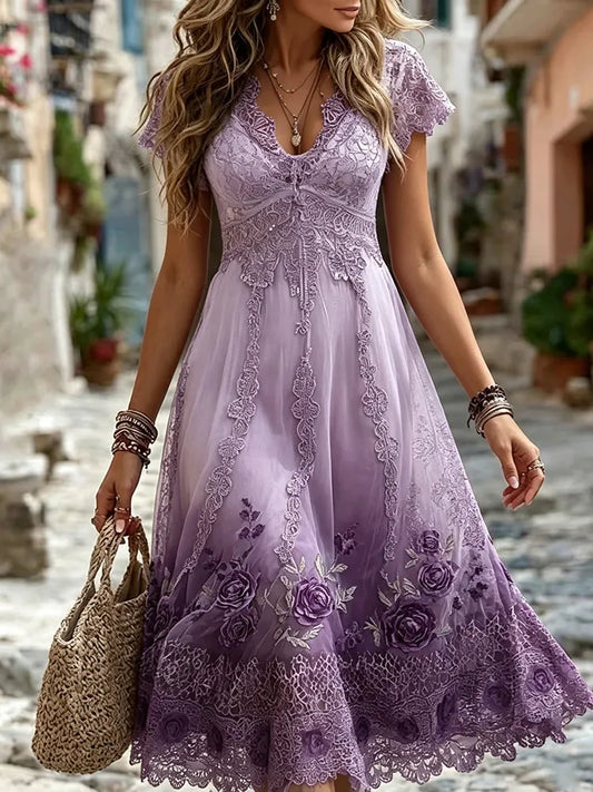 Women's Retro Purple Floral Embroidery Casual Short-sleeve V-neck Dress